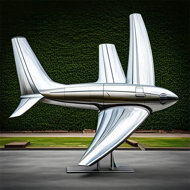 Stainless steel Metal Airplane Sculpture featuring dynamic curved wings
