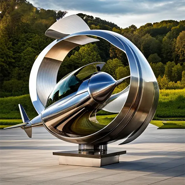Stainless steel Metal Airplane Sculpture with abstract circular structure