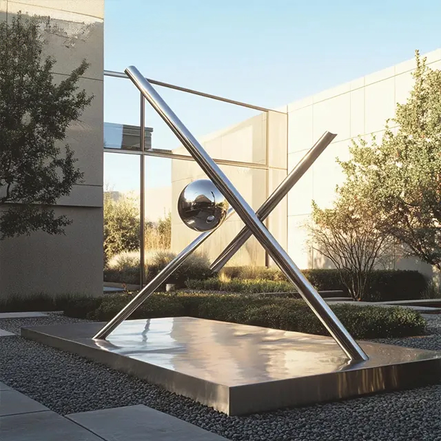 Stainless steel Metal Ball Garden Sculpture with two crossing beams and a suspended reflective sphere