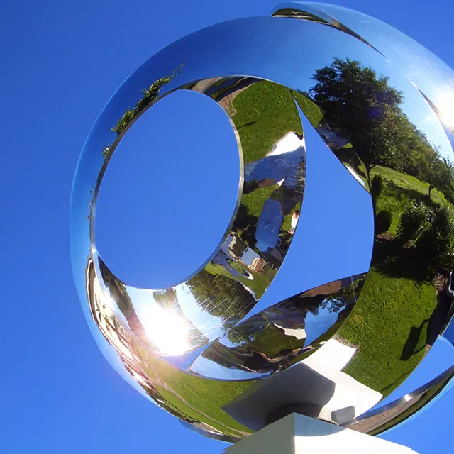 Stainless steel Metal Sphere Garden Sculpture with geometric cutouts