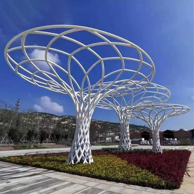 Stainless steel Modern Tree Sculpture with woven trunk and open canopy design