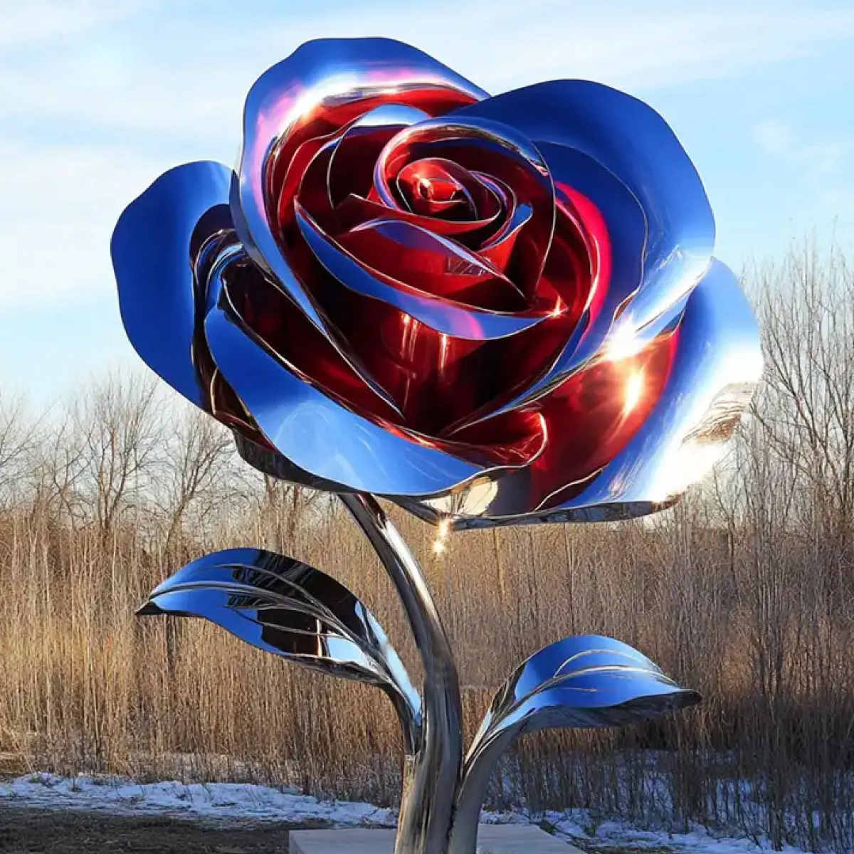 Stainless steel Rose Garden Sculpture with red and blue petals