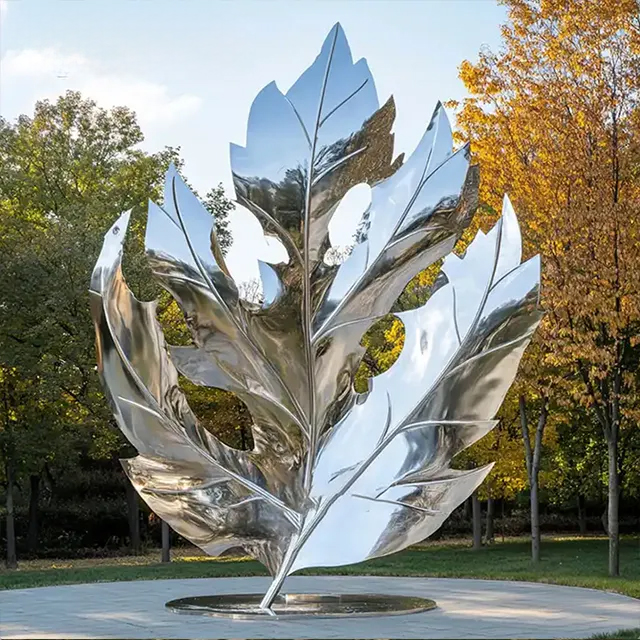 Stainless steel Silver Leaf art Statue with mirrored surface