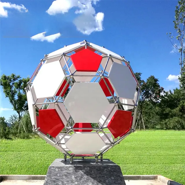 Stainless steel Soccer Ball Sculpture with red and white panels