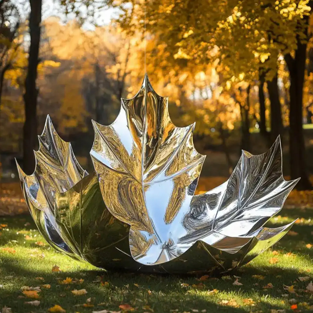 Stainless steel maple leaf art sculpture placed on grass