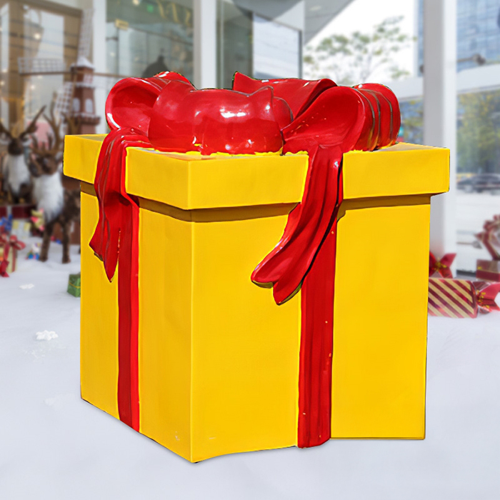 Yellow Large Christmas Box Sculpture with red ribbon