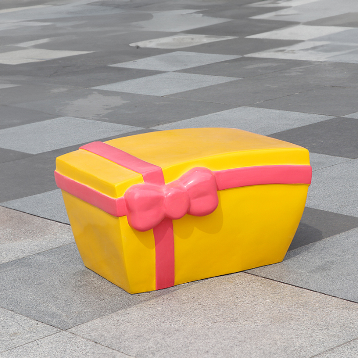 Yellow fiberglass Large Christmas Gift Box Statue with pink ribbon and bow