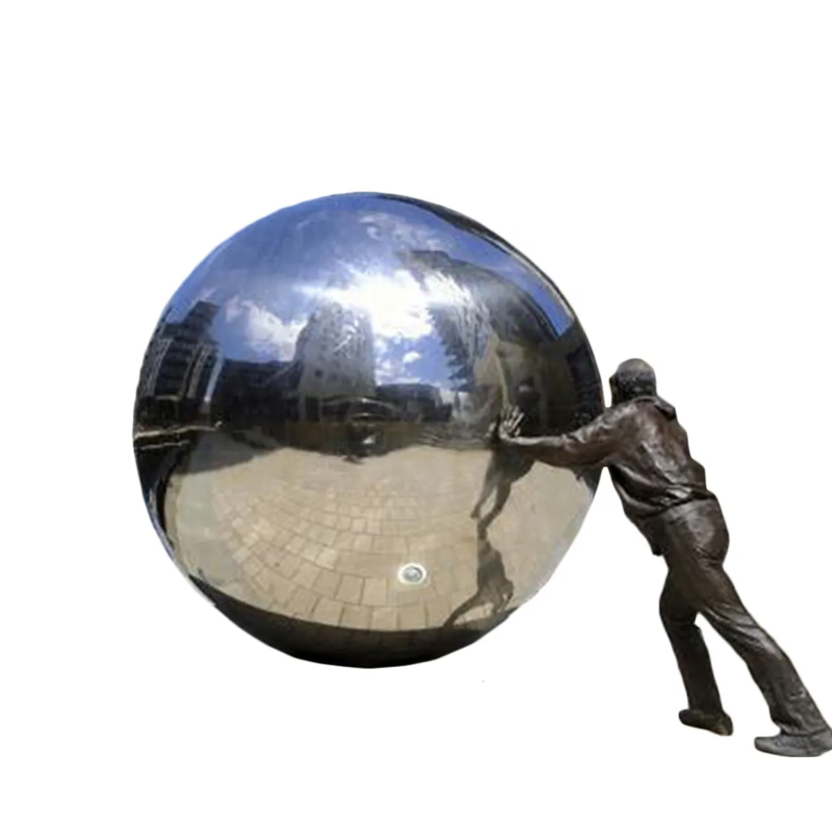 a bronze Man Pushing Sphere Statue with a stainless steel mirror ball