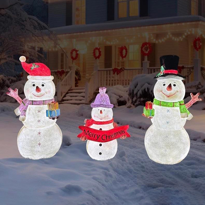 fiberglass Lighted Snowman Yard Decoration set of three snowmen with Christmas hats and gifts