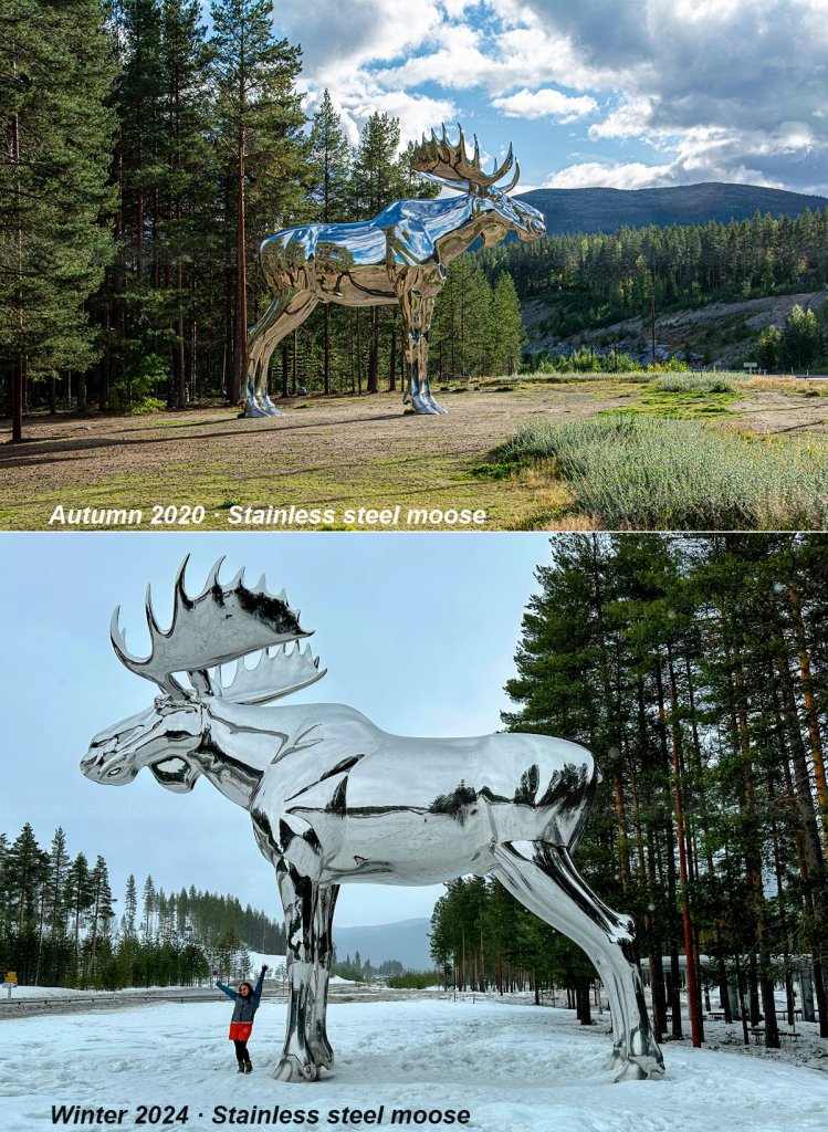 large stainless steel moose sculpture outdoor in autumn and winter