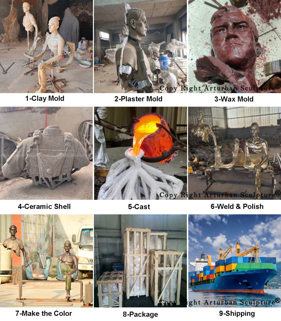 production process of making bronze Les Voyageurs Sculpture