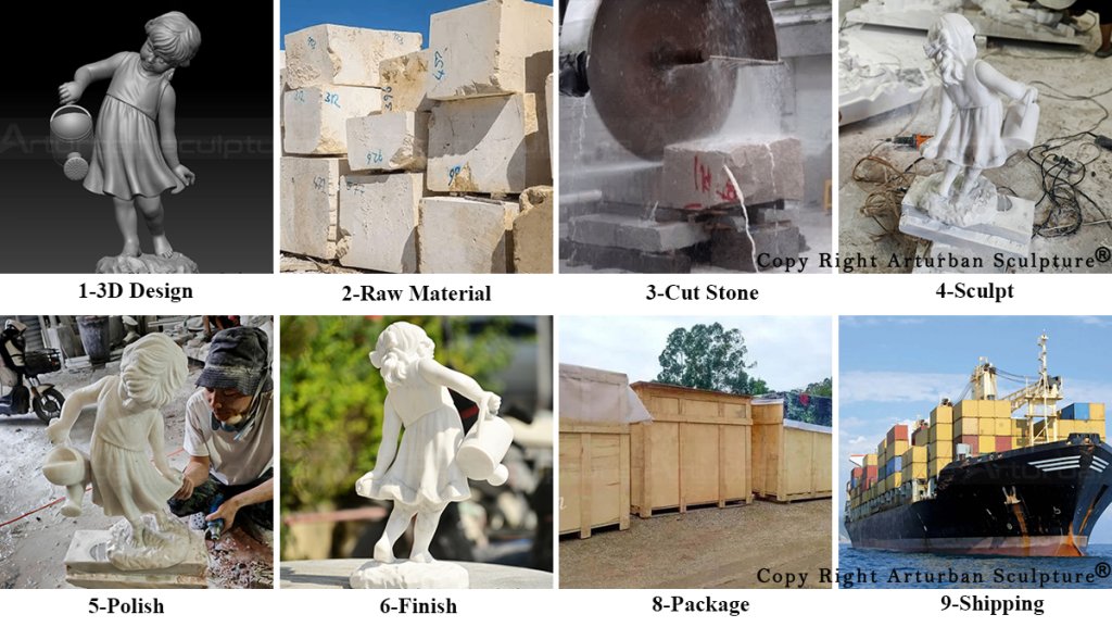 production process of making this marble Girl Watering Flower Statue