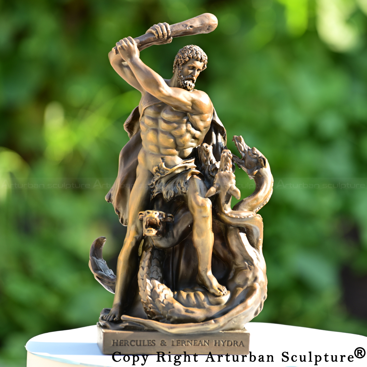 0-Bronze Hercules Fighting Hydra Statue showing the hero raising his club against the serpent heads