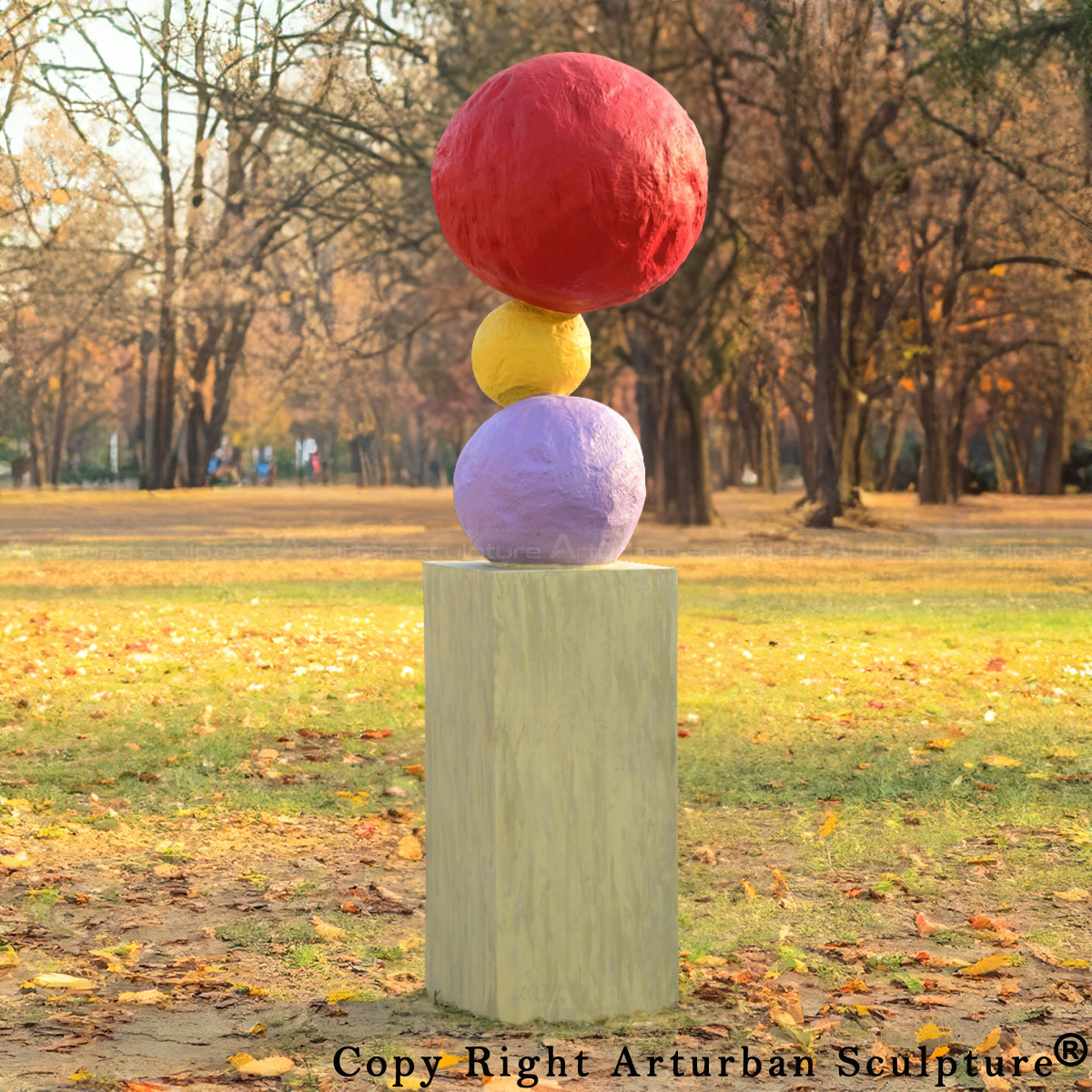 1-Annie Morris Stack Sculpture with red, yellow, and purple spheres displayed outdoors