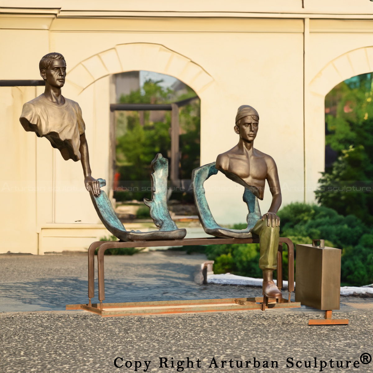 1-Bronze Bruno Catalano Travelers Sculpture showing two fragmented travelers