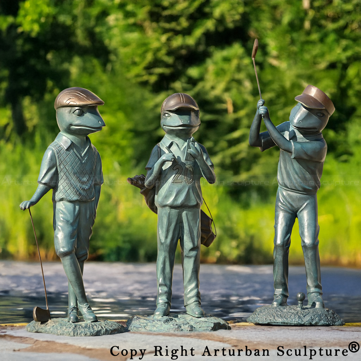 1-Bronze Frog Golf Statue set showing three whimsical frogs