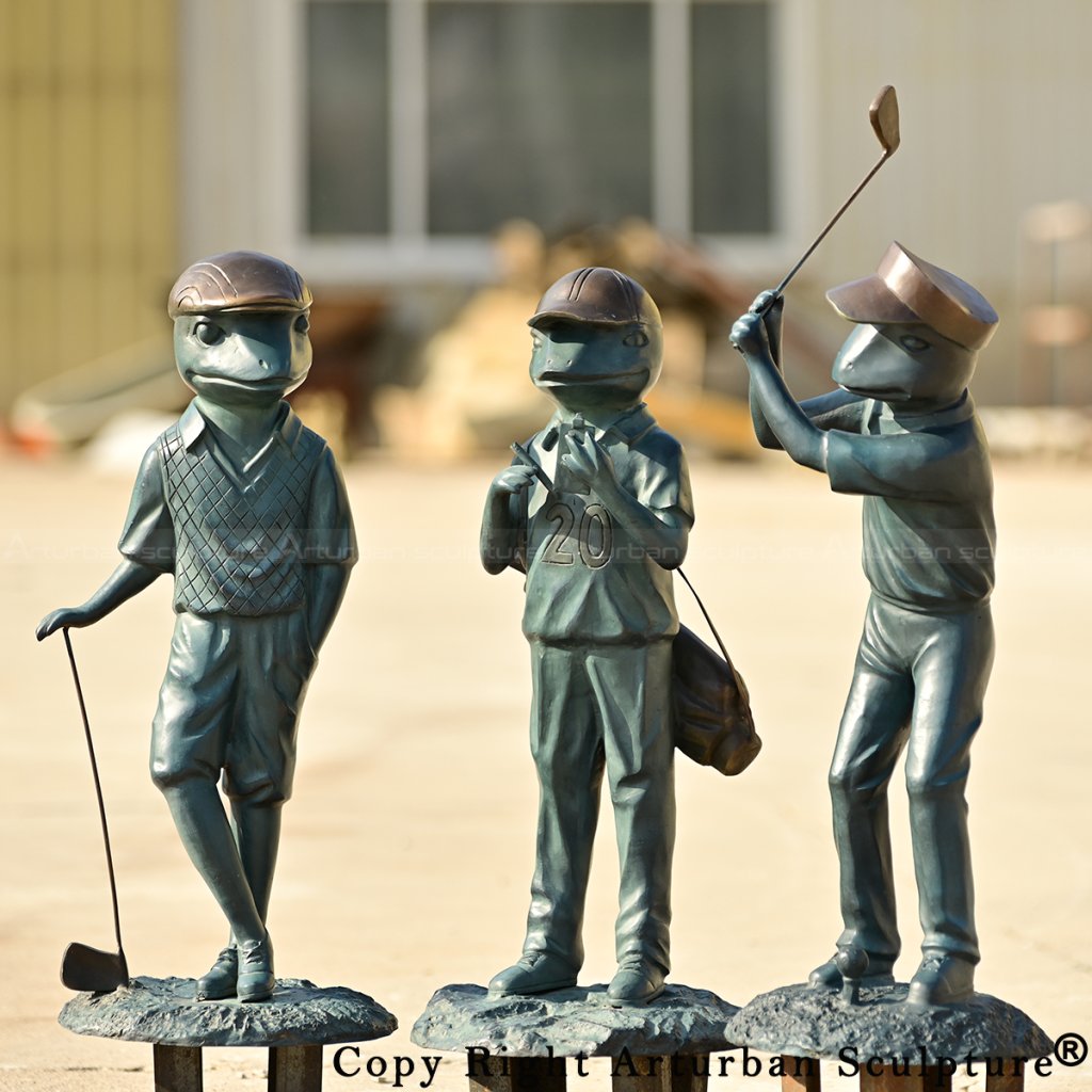 1-Bronze Frog Playing Golf Statue set featuring three frog figures