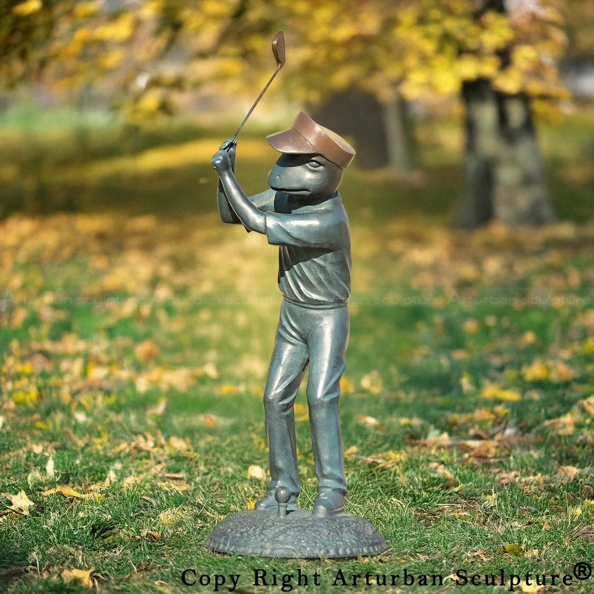 1-Bronze Golfing Frog Statue showing a whimsical frog golfer mid-swing