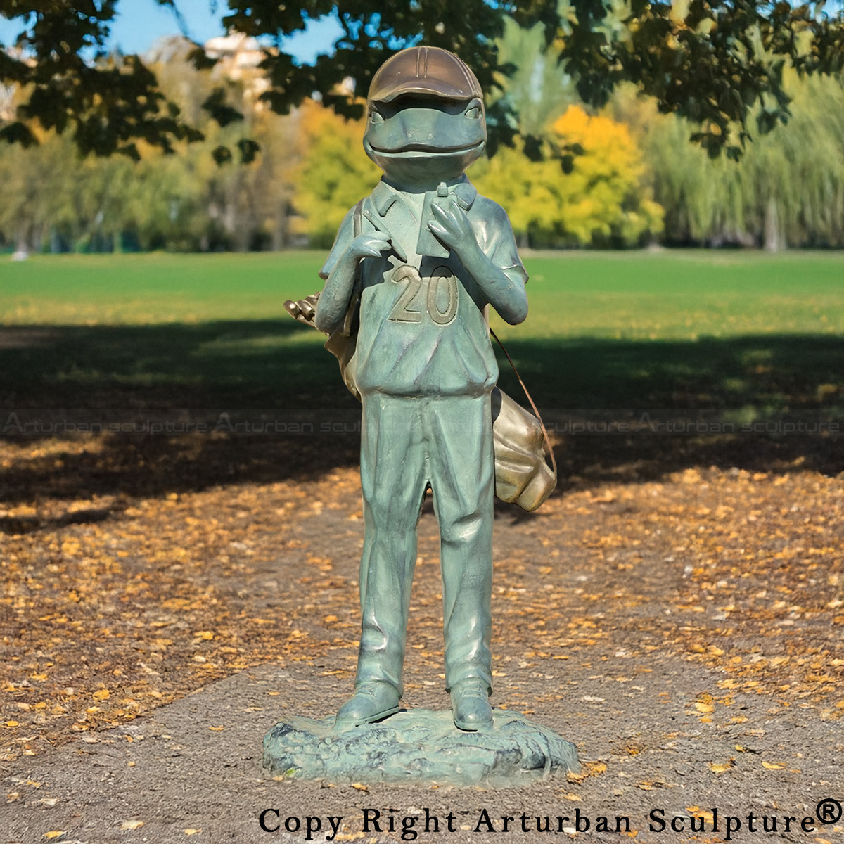 1-Bronze Outdoor Garden Frog Statue holding a scorebook and golf bag
