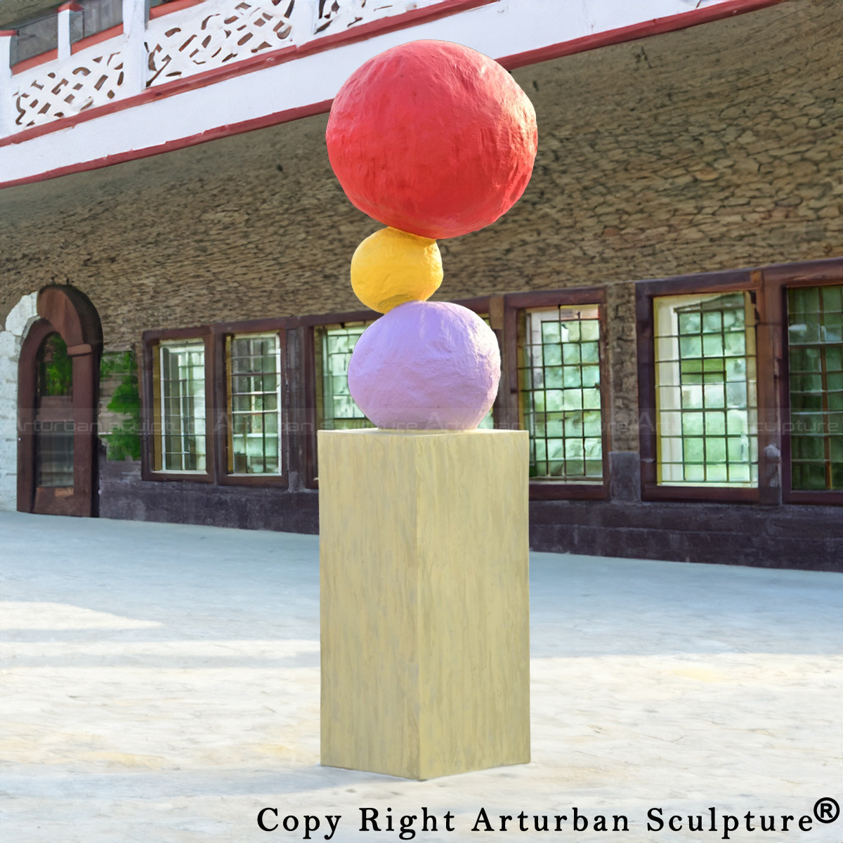 2-Annie Morris Outdoor Sculpture featuring stacked colorful spheres