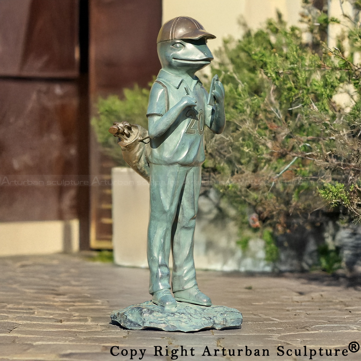 2-Bronze Frog Lawn Décor featuring a frog with golf bag and scorebook