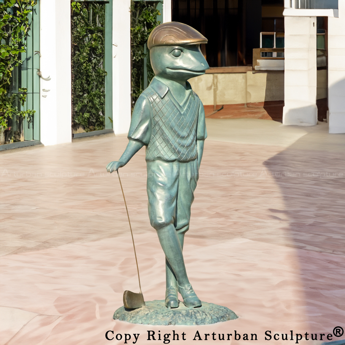 2-Giant Frog Garden Statue crafted in bronze, designed as a gentleman golfer with cap and vest