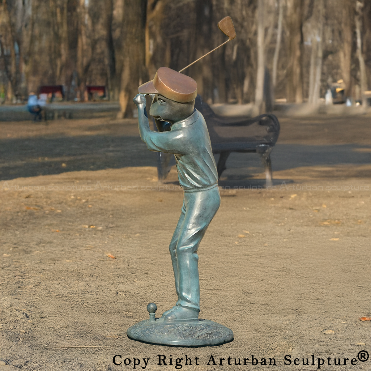 2-Large Frog Yard Décor bronze statue featuring a frog golfer swinging a club