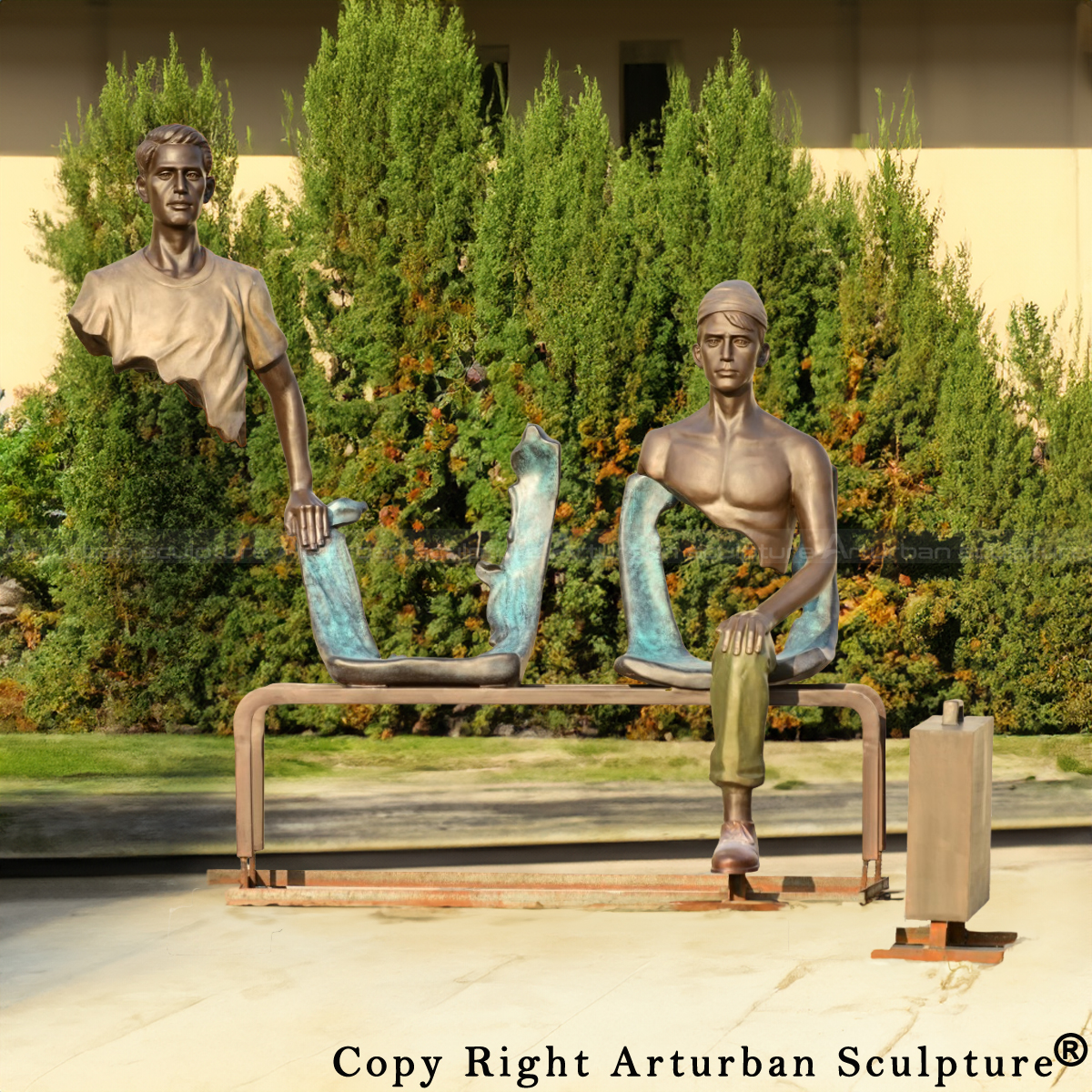 2-Outdoor Fragmented Travelers Sculpture Replica featuring bronze figures with large voids in their bodies