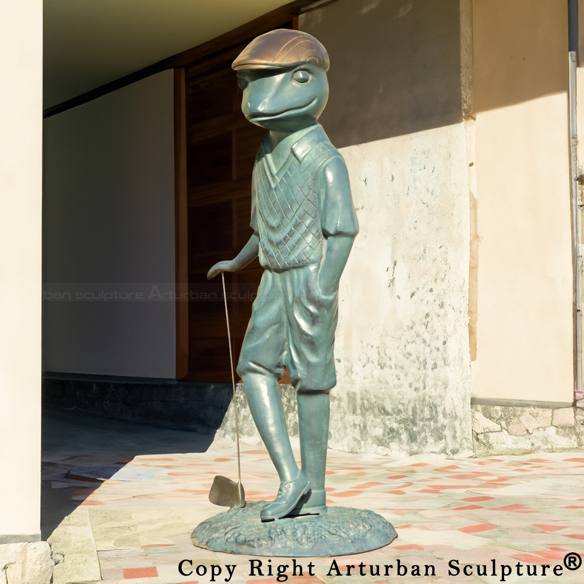 2-bronze Giant Frog golfer Garden Statue