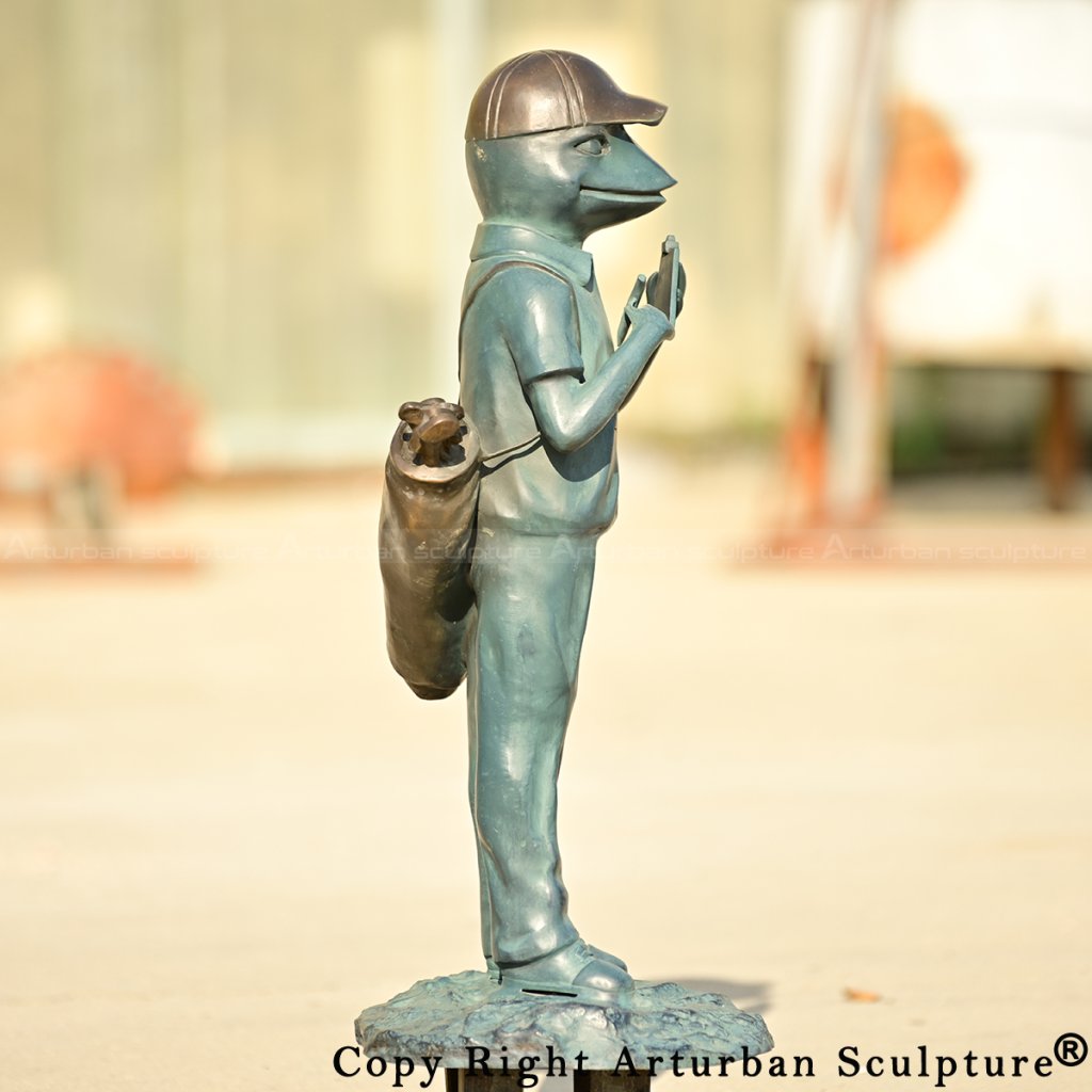 3-side view of Bronze Frog Yard Statue of a frog caddie
