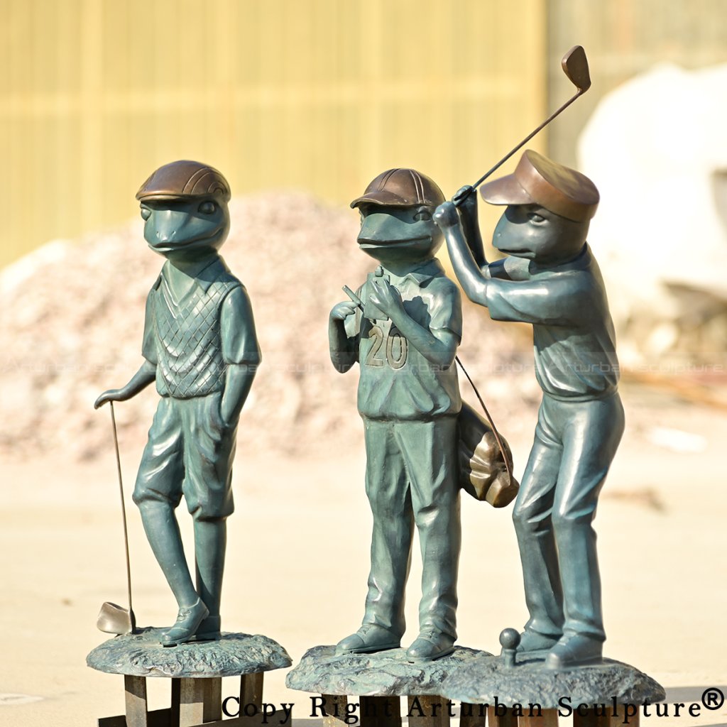 4-Bronze Frog Playing Golf Statue set including a golfer, a caddie, and a player swinging the club