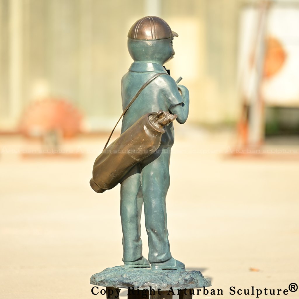 4-Bronze Frog Yard Statue of a frog caddie carrying a golf bag