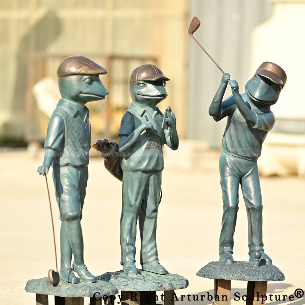 5.1 Bronze Frog Playing Golf Statue set featuring three frog figures