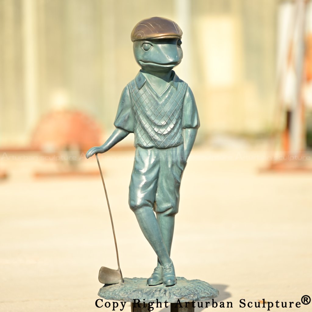 5.2 Bronze Frog Yard Statue of a frog golfer in a vintage vest holding a club