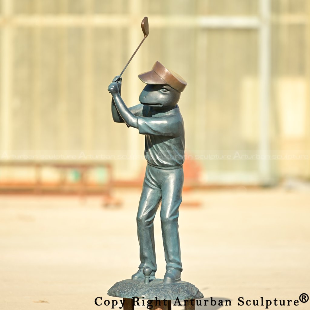 5.4 Bronze Frog Playing Golf Statue showing a frog golfer in mid-swing