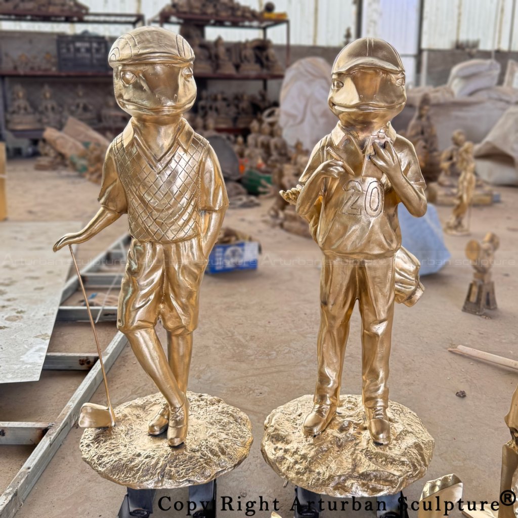 6-Bronze Frog Yard Statue set with two figures, one frog golfer in a vest and another frog caddie
