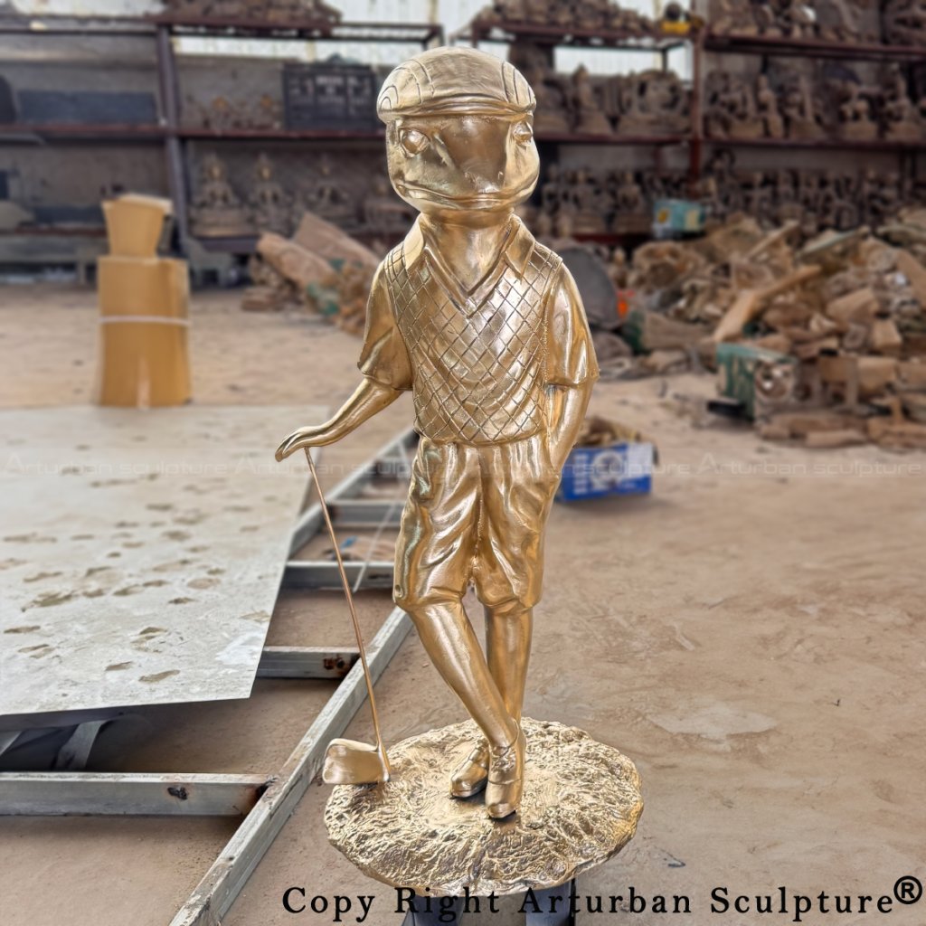 7-Polished bronze Frog Playing Golf Statue with vest