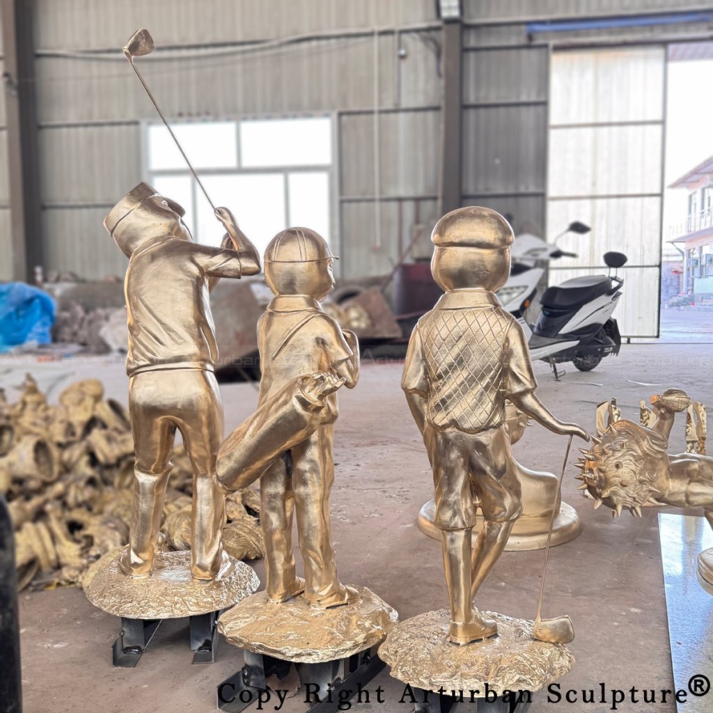 7-three Bronze Frog Playing Golf Statue after polish and before patina