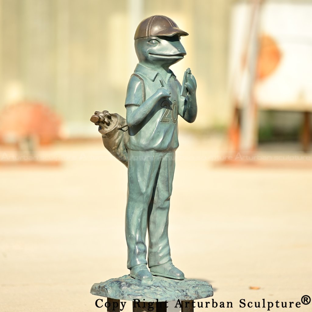8-Bronze Frog Playing Golf Statue of a frog caddie carrying a golf bag and scorebook