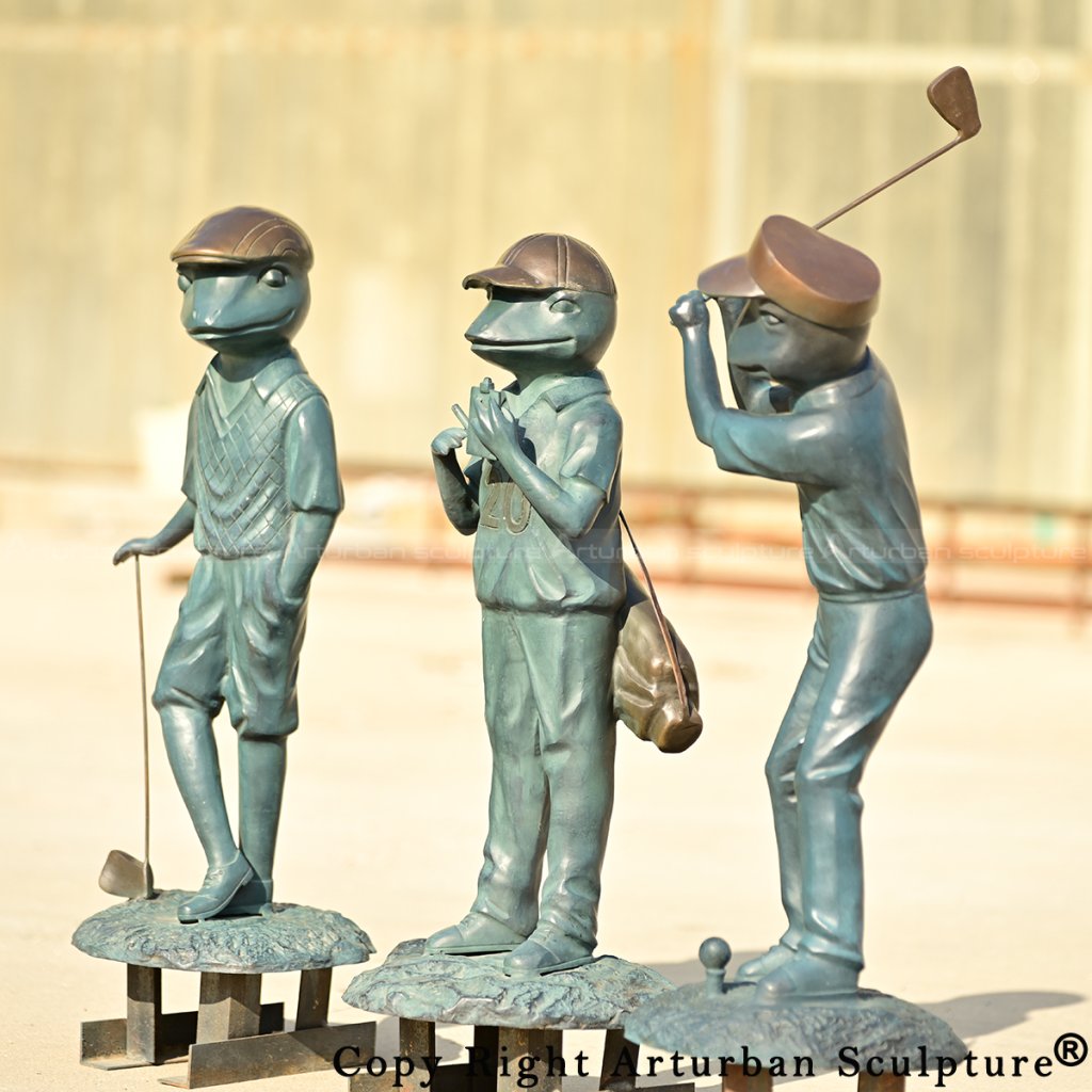 8-Bronze Frog yard Statue set featuring three frog figures, including a golfer, a caddie, and a player swinging the club