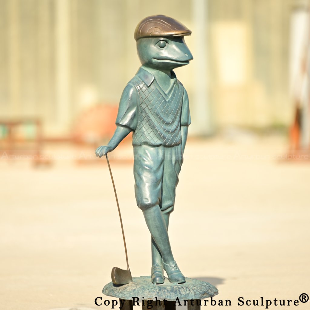 8-bronze frog statue featuring a frog in a vintage vest with golf club