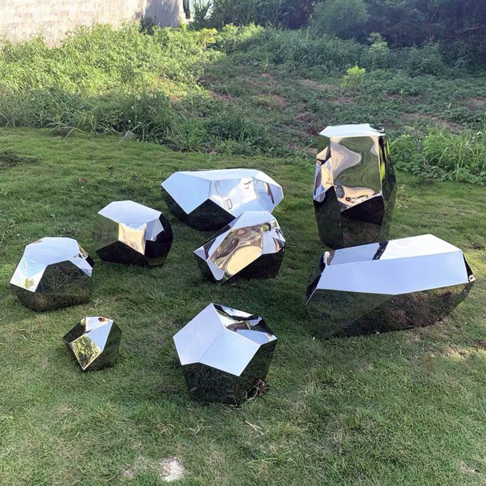 Abstract Stainless Steel Stone Sculpture Outdoor with faceted geometric design
