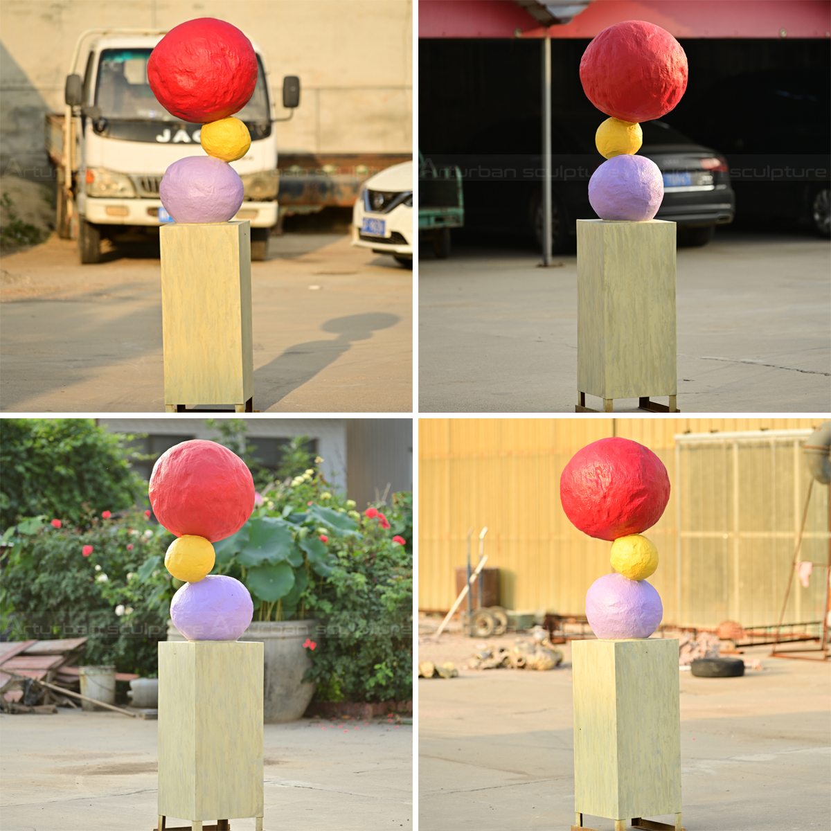 Annie Morris Outdoor Sculpture with vibrant red, yellow, and purple spheres shown in multiple views