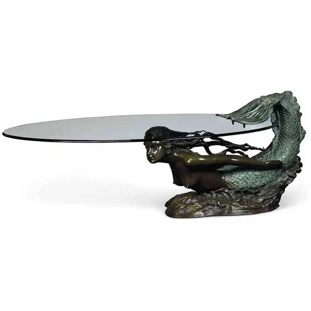 Artistic Bronze Mermaid Coffee Table showing elegant mermaid figure supporting oval glass surface