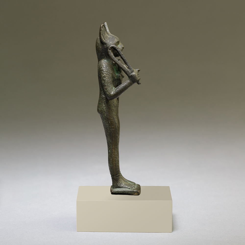 Bastet Egyptian Goddess Statue in bronze holding sistrum