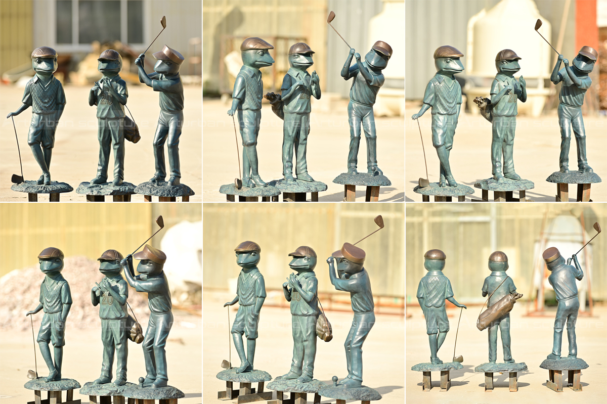 Bronze Frog Golf Statue collection featuring three detailed frog golfers in different angles