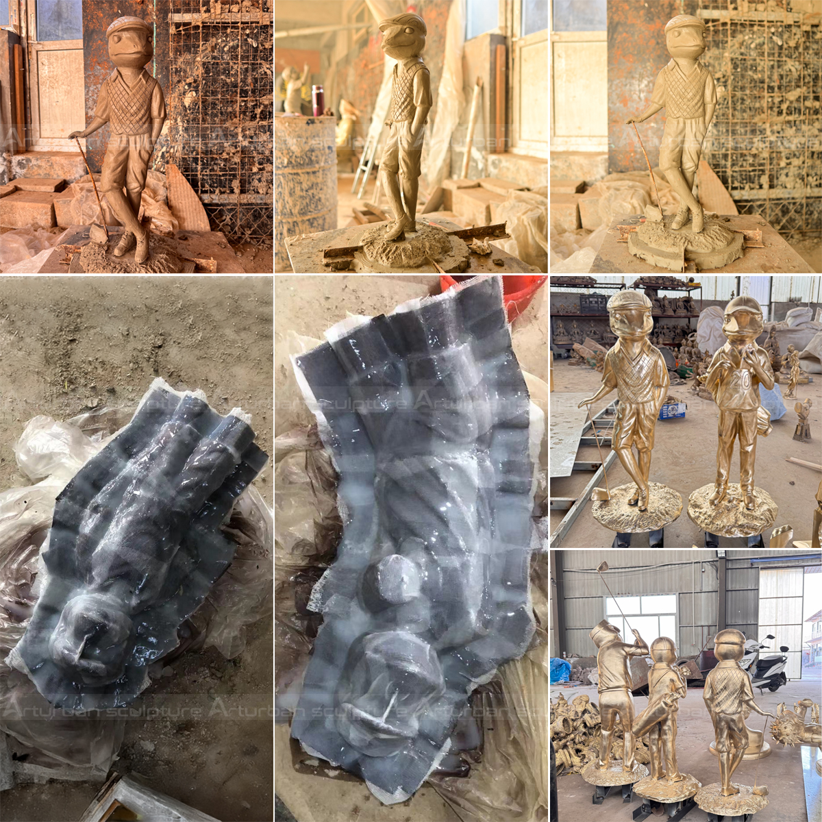 Bronze Frog Golf Statue production process including clay model, silicone mold, and casting details