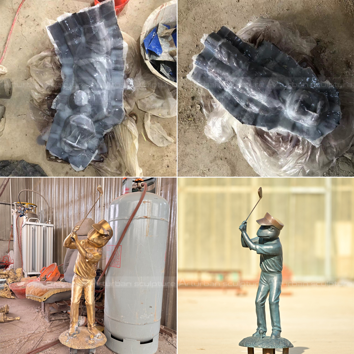 Bronze Golfing Frog Statue during production process with silicone mold and polished surface