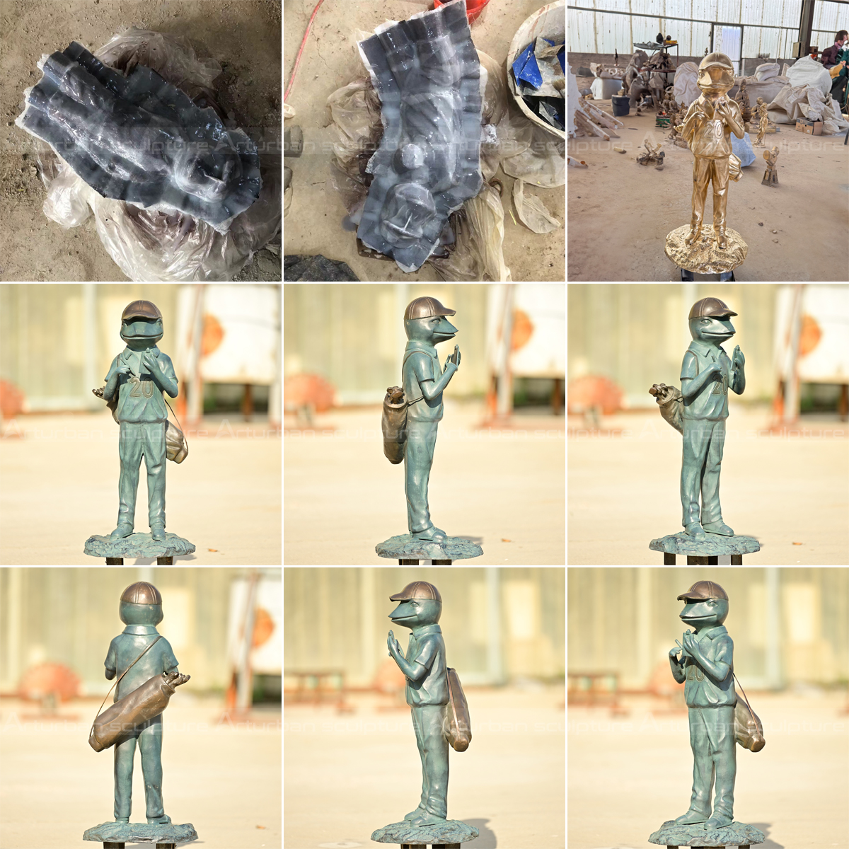 Bronze Outdoor Garden Frog Statue shown from multiple angles