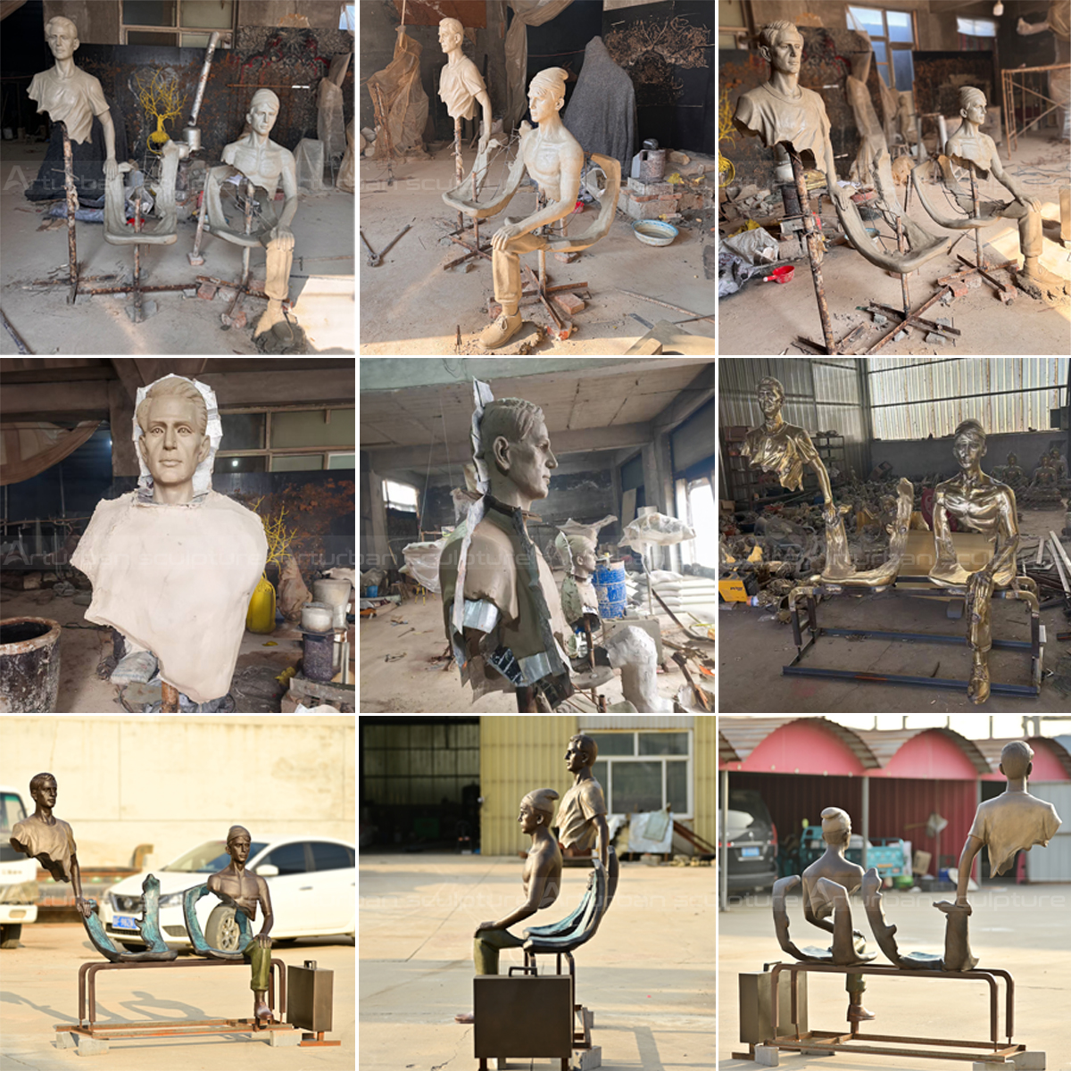 Fragmented Travelers Sculpture Replica production stages collage showing the making of Les Voyageurs bronze artwork